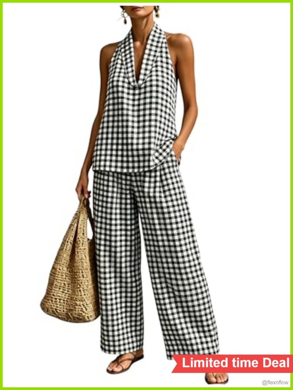 TBETNE Womens Cotton Gingham Two Piece Set Halter Top High Waist Pants